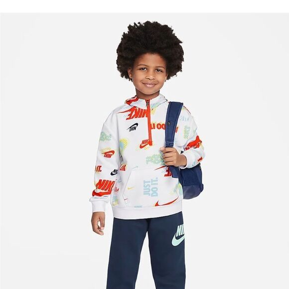 Nike Boys Active "Just Do It" LS Pullover Hooded 1/4 Zip Sweatshirt White - Picture 9 of 15